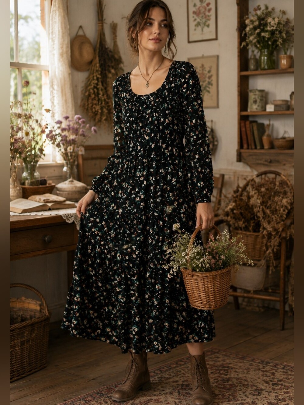 Dark Green Floral Midi Tiered Swing Dress Pockets Cottagecore Dark Romance Fall
